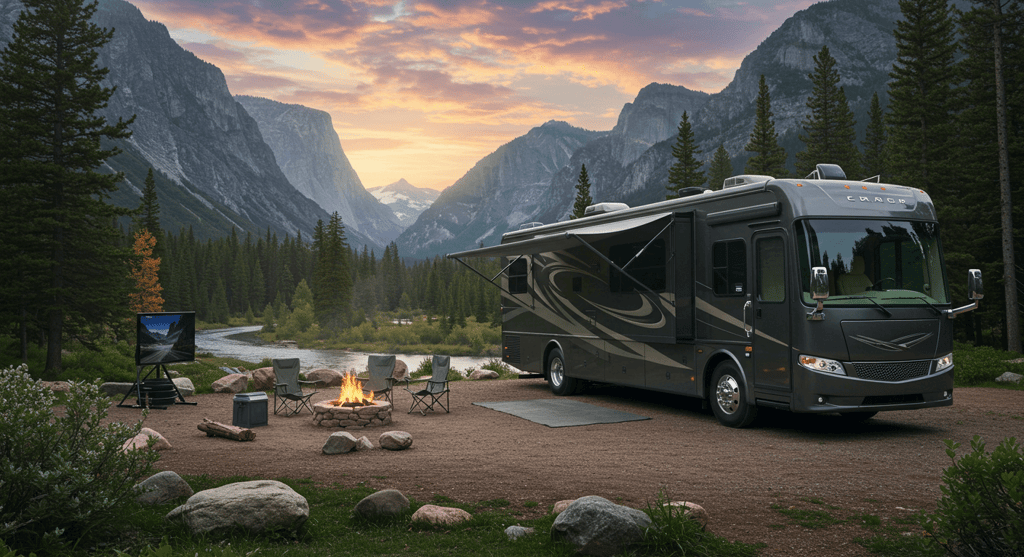 Class A RV at a remote campsite with internet access via satellite