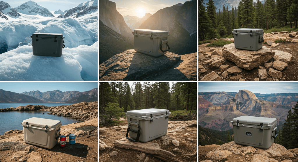 hard cooler for US mountain camping in different weather and scenic location