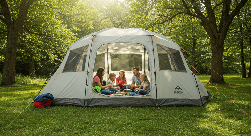 Family enjoying a spacious and easy setup tent at a scenic US National Park or RV park campsite.