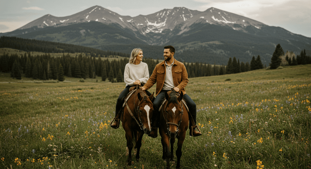 Couple bonding during a Colorado Dude Ranch horseback ride with mountain scenic view