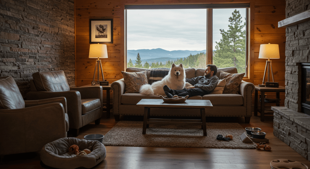 Traveler and dog relaxing inside a spacious pet friendly cabin rental living room,