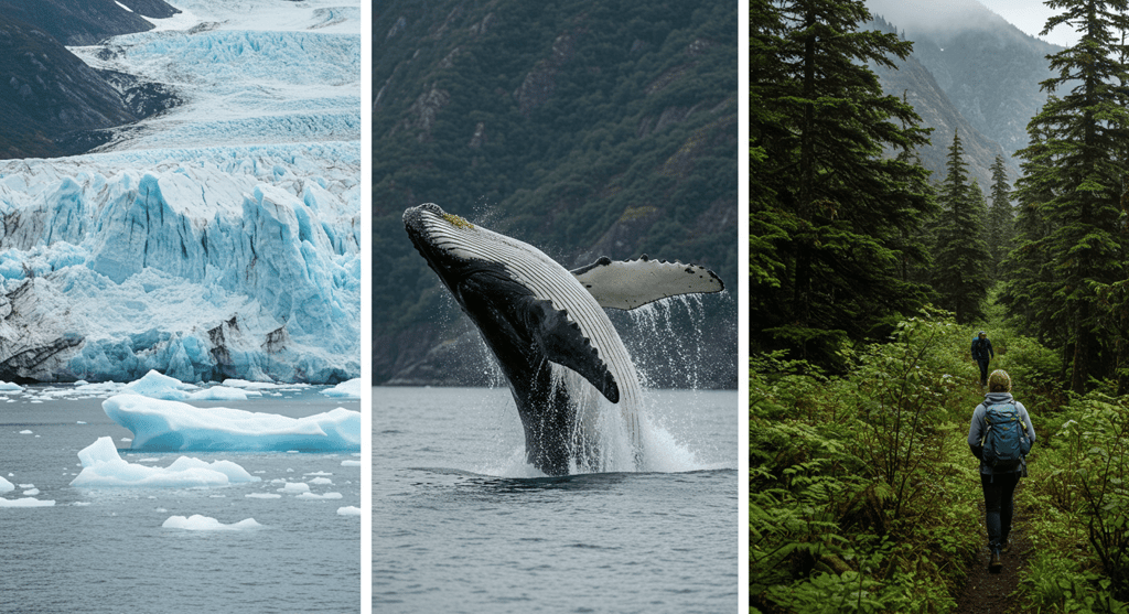 collage emphasizing adaptable travel gear for Alaska coolcation destinations like Juneau.