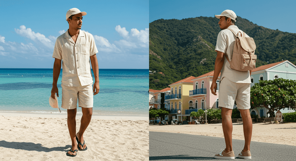 Traveler demonstrating versatile tropical getaway outfits 2025, transitioning from beach to cafe