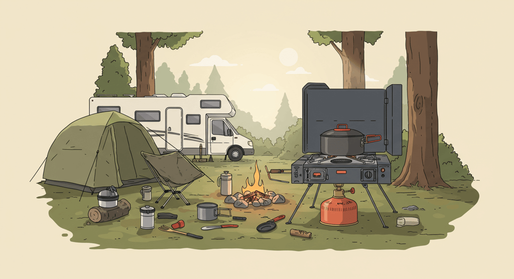 Traveler using a multi-fuel camping stove for cooking at a US camping site with an RV