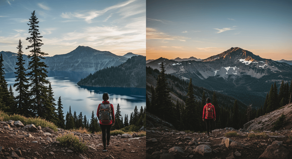 women traveler in two different mountain hikes using versatile clothing