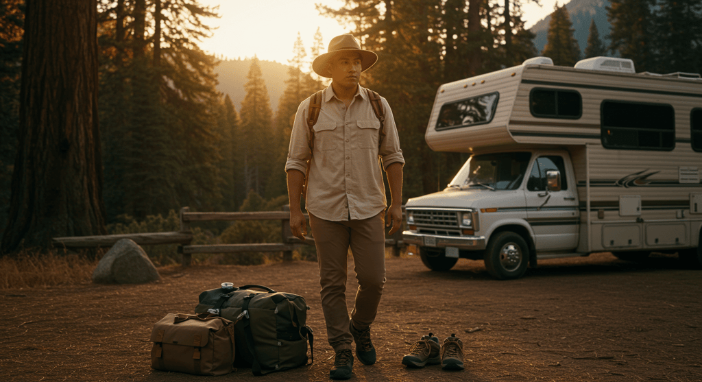 Traveler demonstrating versatile travel clothes for hot weather, suitable for RV travel and hiking