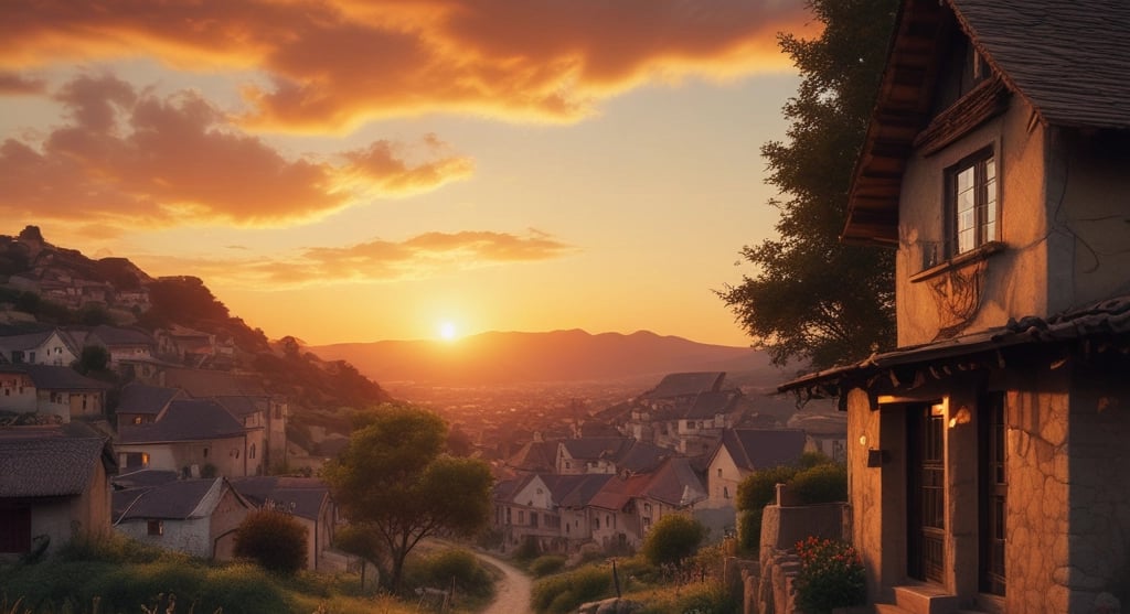 a house with a sunset in the background