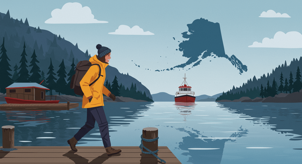 Traveler using versatile clothing for Juneau whale watching and exploring the docks