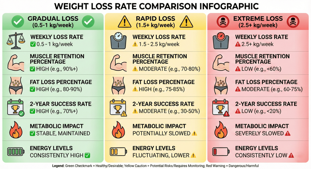 Comparison chart showing healthy weight loss rate of weekly maintains 90% muscle