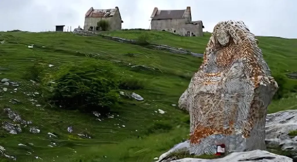 Stone statue and old houses in Giazza, Cimbrian village in the Lessini Mountains Verona
