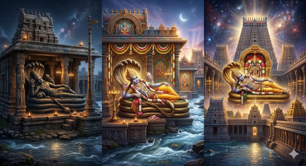 triranga temples across kaveri river, 3 temples named adi, madya and anthya ranga.