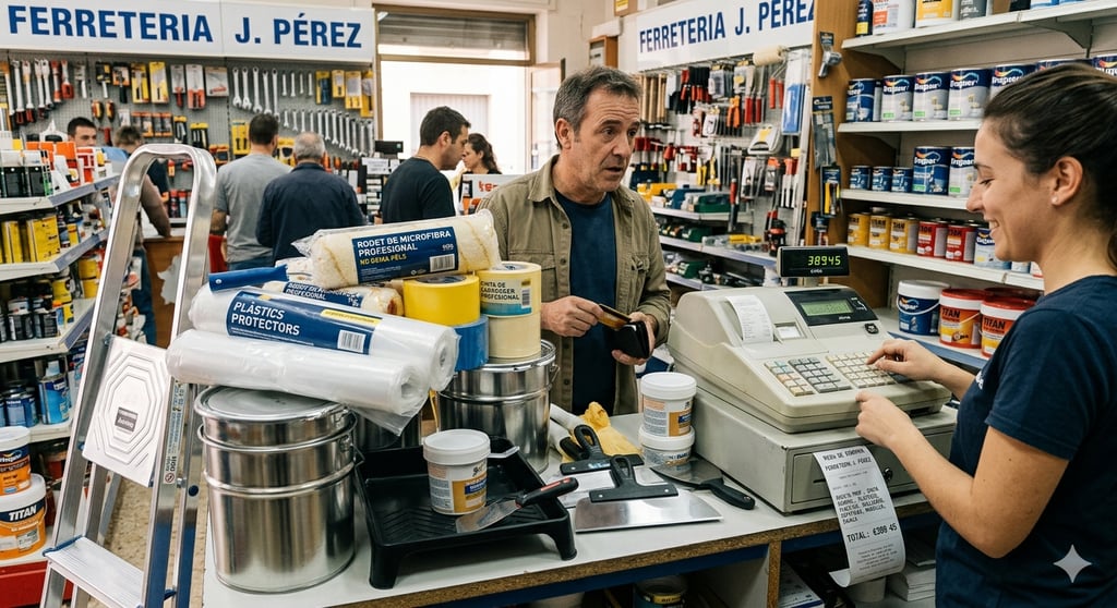 Customer purchasing painting supplies and hardware tools at a local ferreteria store counter.