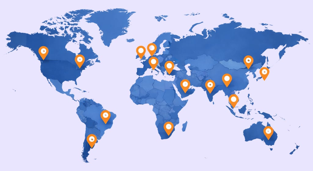Blue world map with orange location pins representing global business presence and international offices.
