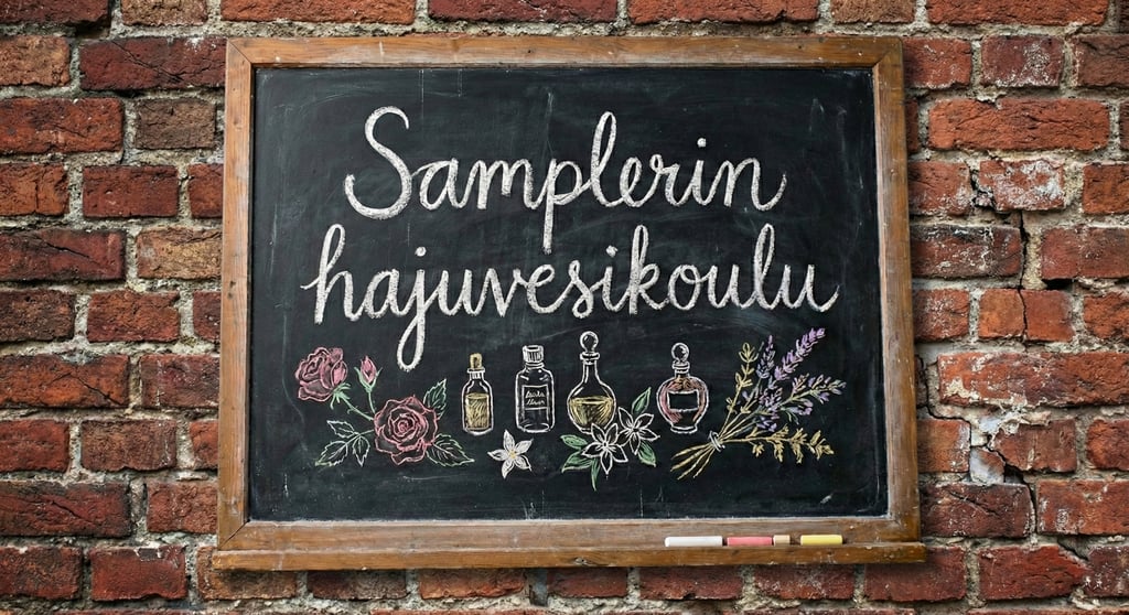 "Samplerin hajuvesikoulu" liitutaululle kirjoitettuna, taustalla vanha punatiiliseinä