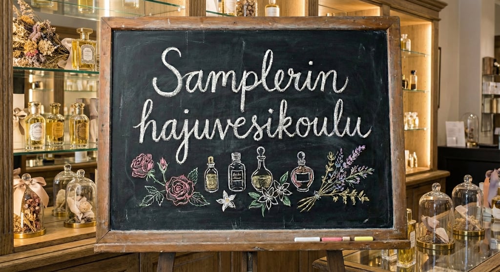 "Samplerin hajuvesikoulu" liitutaululle kirjoitettuna, taustalla vanhanaikainen hajuvesiliike