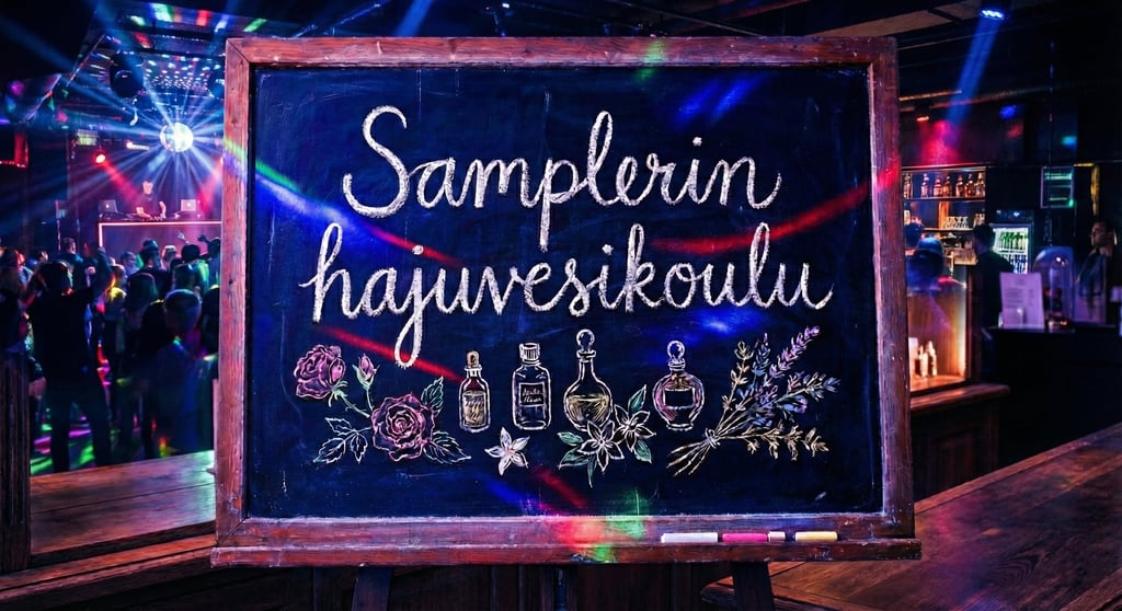 "Samplerin hajuvesikoulu" liitutaululle kirjoitettuna, taustalla yökerho valoineen