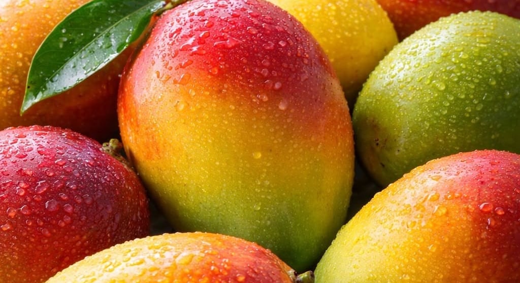 Detalle de mangos coloridos y frescos con hojas verdes, listos para venta al por mayo