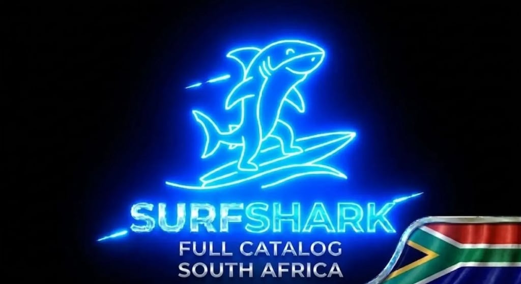 Futuristic shark on neon surfboard, Surfshark logo and S. Africa flag for innovative security