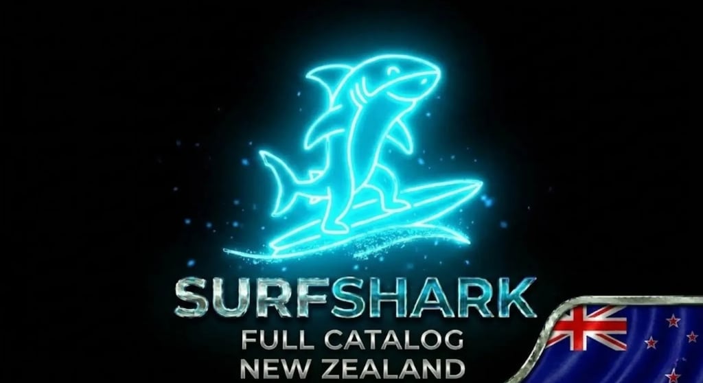 Futuristic shark on neon surfboard, Surfshark logo and NZ flag for innovative security."