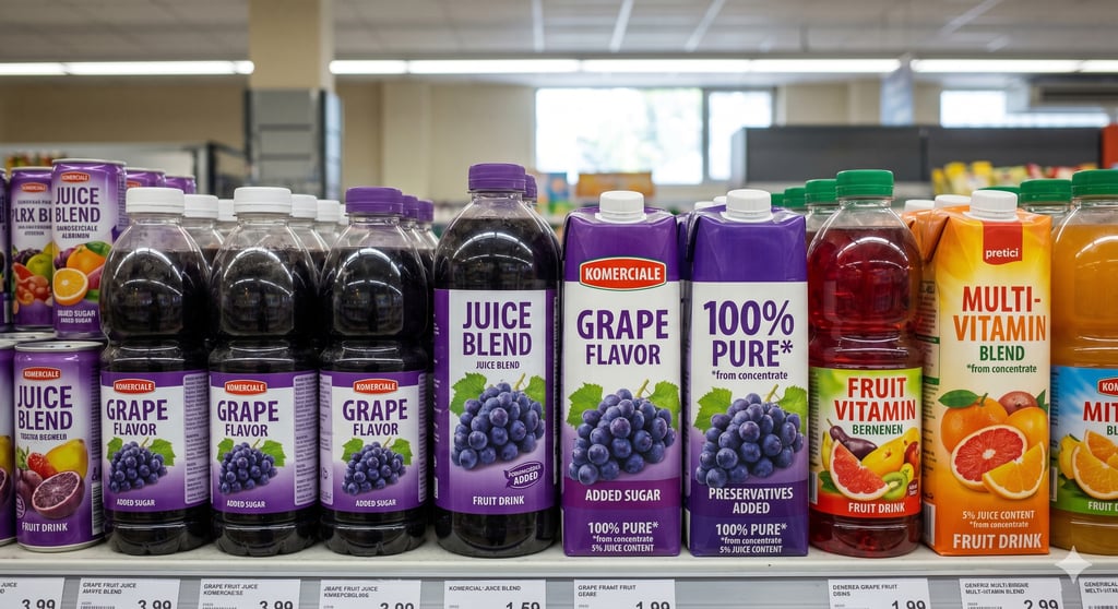 Variety of bottled grape juice and fruit vitamin blend drinks displayed on a grocery store shelf.