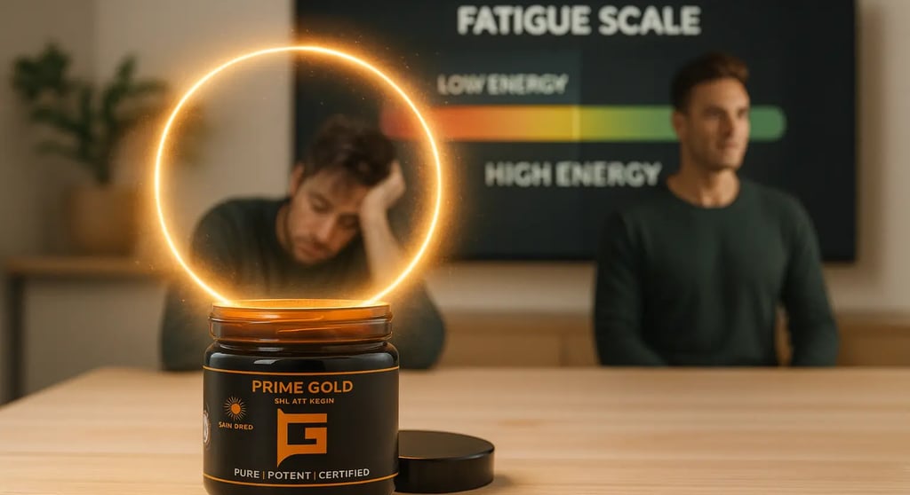 Table with a glass jar of PRIME GOLD Shilajit resin open, a small stainless steel