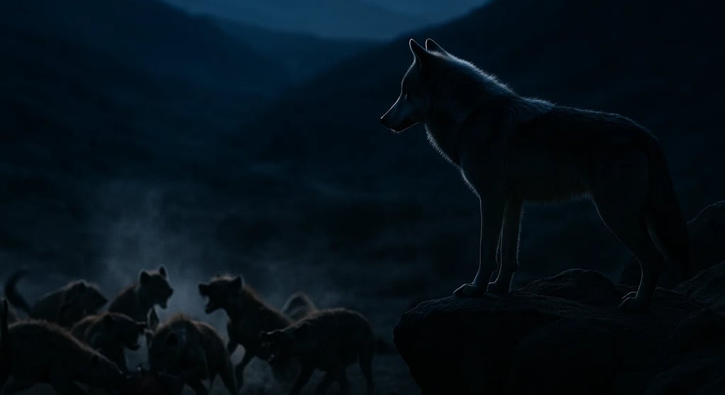 a wolf dog standing on a rock in the dark
