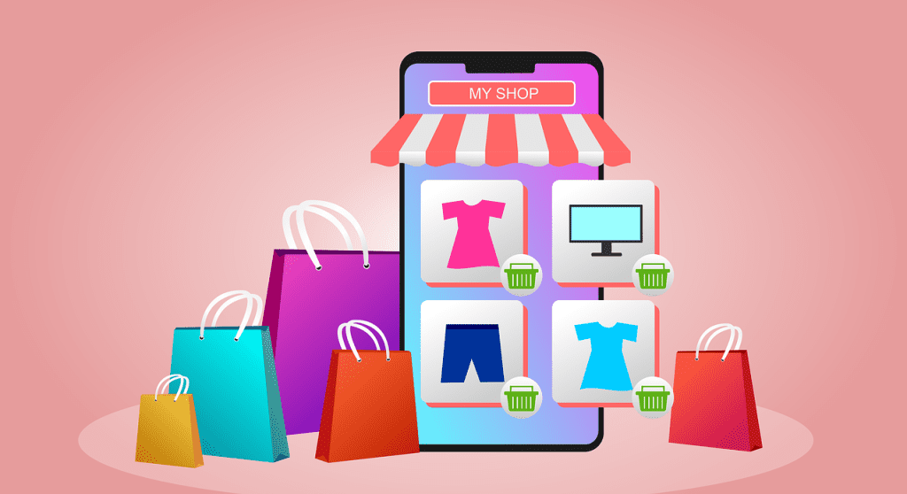 a smartphone phone with a shopping carton and shopping bags
