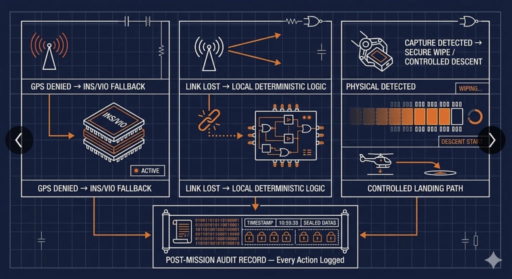 Technical diagram of drone security protocols including GPS denied fallback, local logic, and secure wipe.