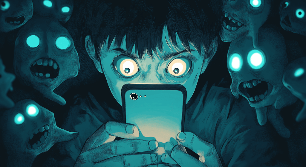 a man with a cell phone in front of a group of zombies