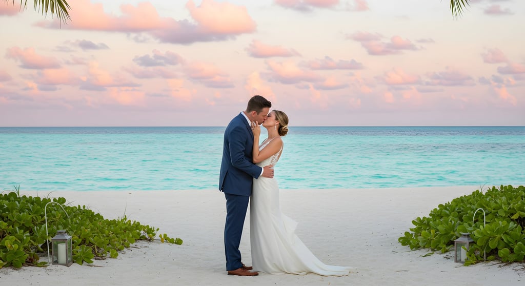 Bridal hair Punta Cana beach wedding low bun hairstyle at sunset ceremony