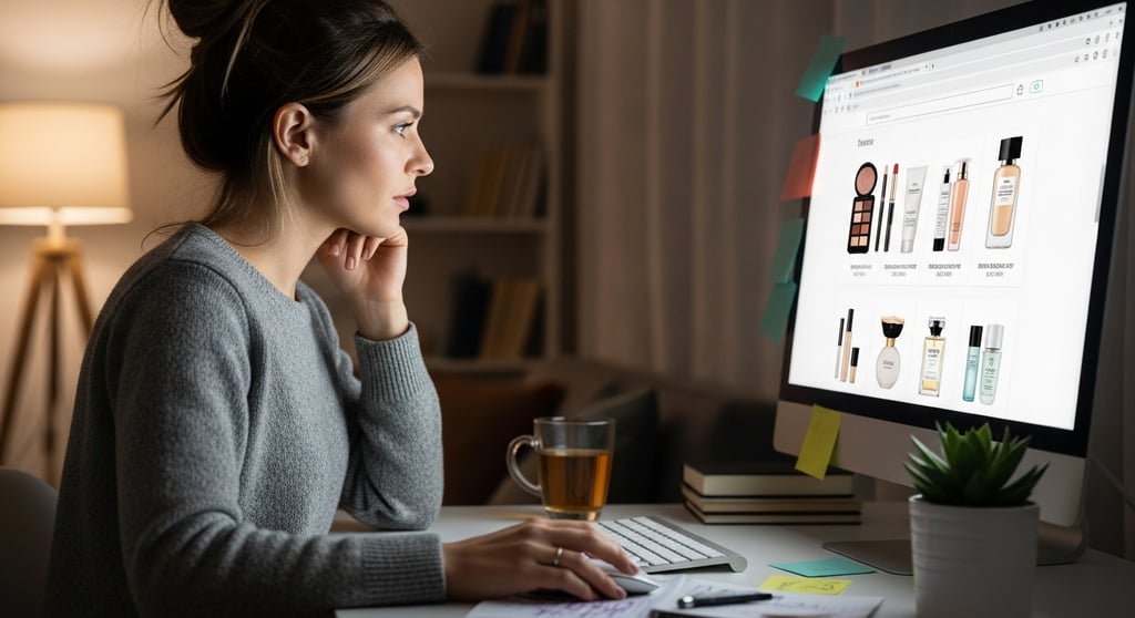 A woman sitting at a computer looking at beauty products online to buy.