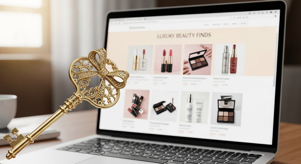 A ornate golden key points toward a laptop screen displaying a beauty e-commerce website.