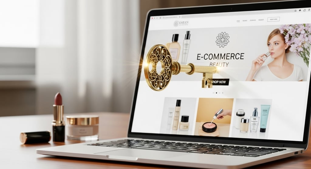A ornate golden key points toward a laptop screen displaying a beauty e-commerce website.