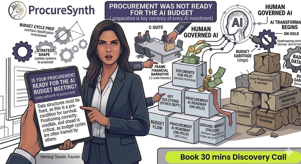 Infographic about AI procurement strategy and budget challenges featuring a professional woman holding a digital tablet.