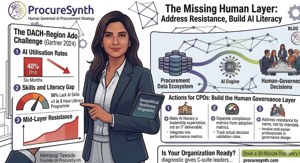 An infographic by ProcureSynth featuring Hemangi Tawade discussing AI procurement strategies and human-governed AI literacy.