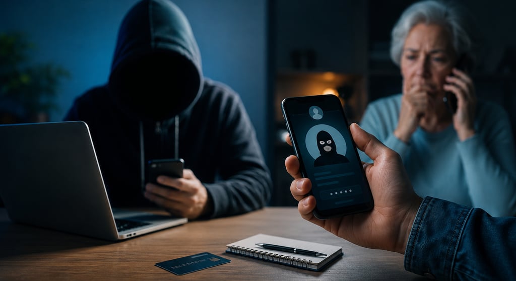 Homem encapuzado usando notebook enquanto uma idosa aparece preocupada ao telefone em cena que repre