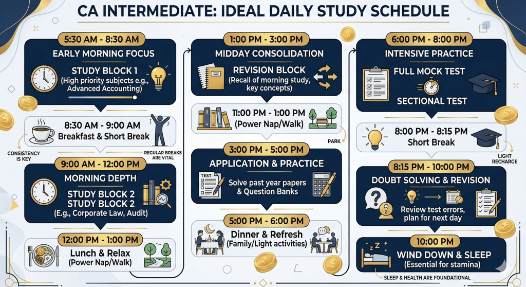 Infographic showing daily study routine structure for CA Intermediate students