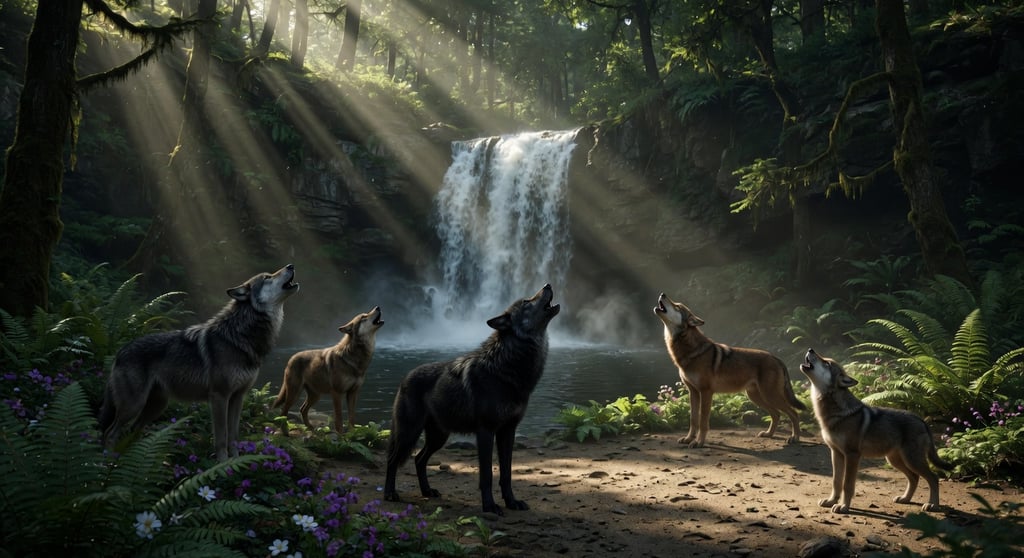 A pack of wolves howling in a sunlit forest near a cascading waterfall with sunbeams.