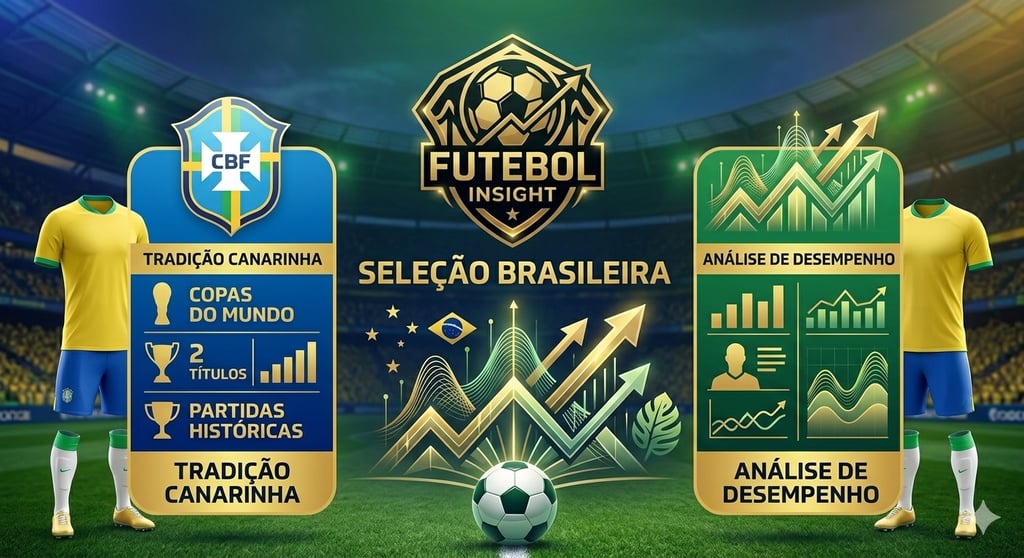 Banner de Seleção Brasileira do portal Futebol Insight com cartões de tradição e análise de desempenho, logo dourado.