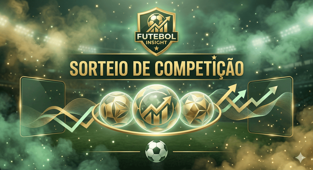 Banner do portal Futebol Insight com bolinhas de sorteio douradas, título "Sorteio de Competição" e logotipo oficial.