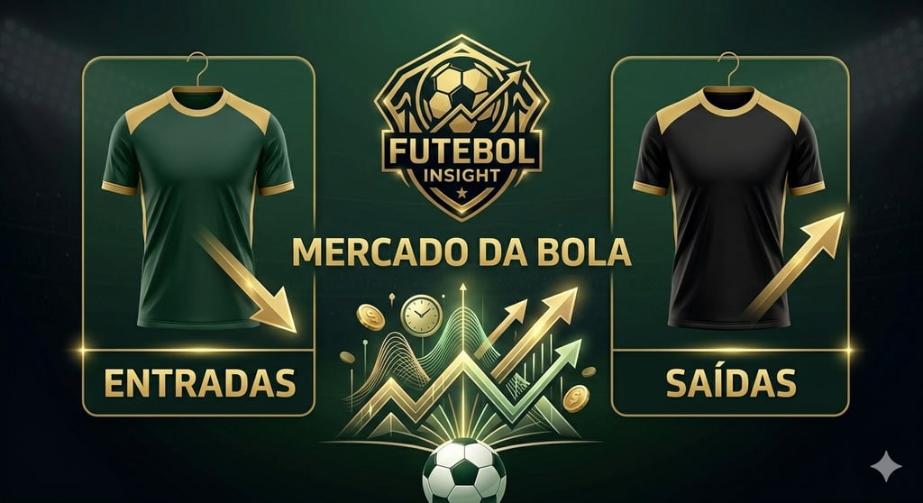 Banner de Mercado da Bola do portal Futebol Insight com caminhos dourados, camisas de entrada e saída e logo dourado.