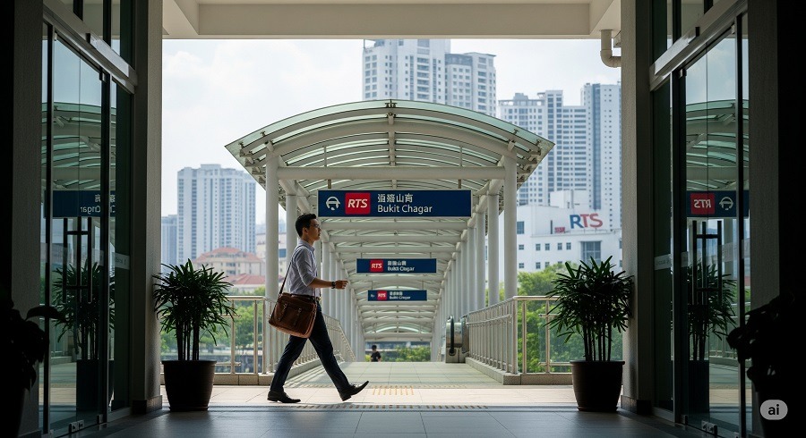 A man walking on an elevated covered walkway toward the RTS Bukit Chagar station entrance