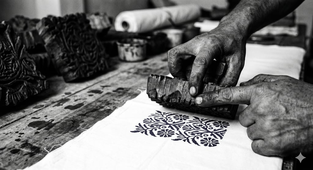 Block print clothing manufacturer India — master artisan hand printing indigo pattern on cotton fabric in Jaipur workshop