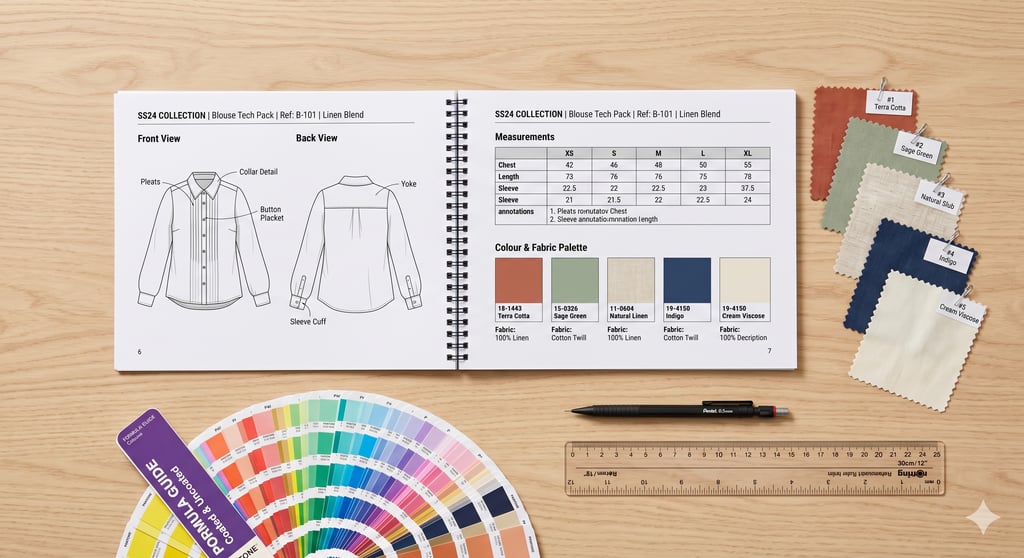 What is a clothing tech pack — technical package document for garment manufacturing with measurement spec sheet and swatches