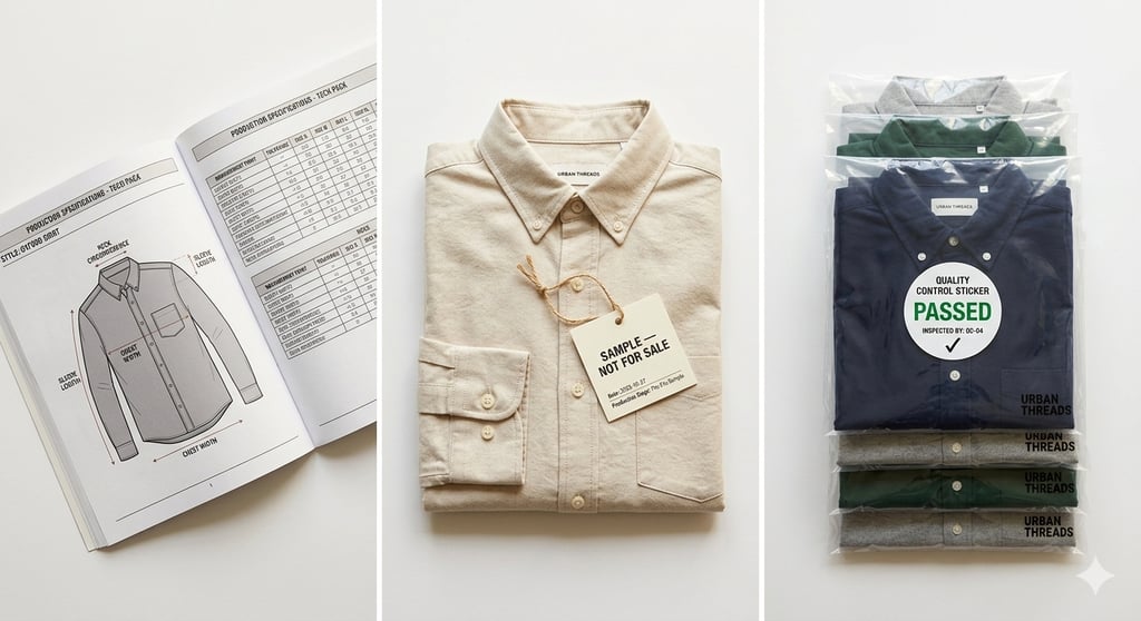 Clothing tech pack sampling and production process India — three stages from document to finished garment at Ashanari