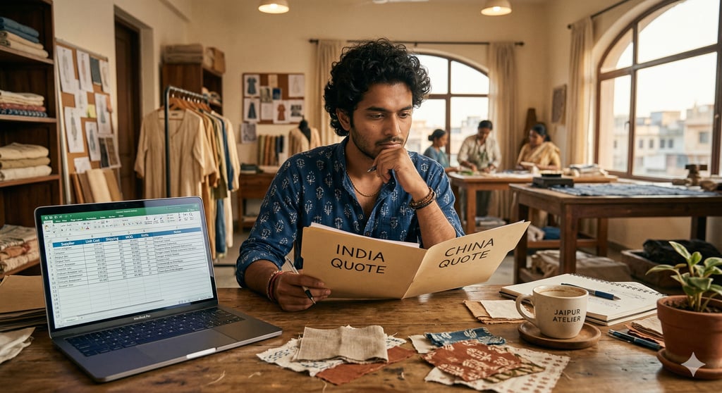 Fashion startup founder comparing India vs China clothing manufacturer quotes for low MOQ private label sourcing decision