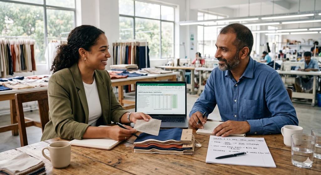 MOQ negotiation with clothing manufacturer — fashion brand founder discussing minimum order quantity with Indian manufacturer