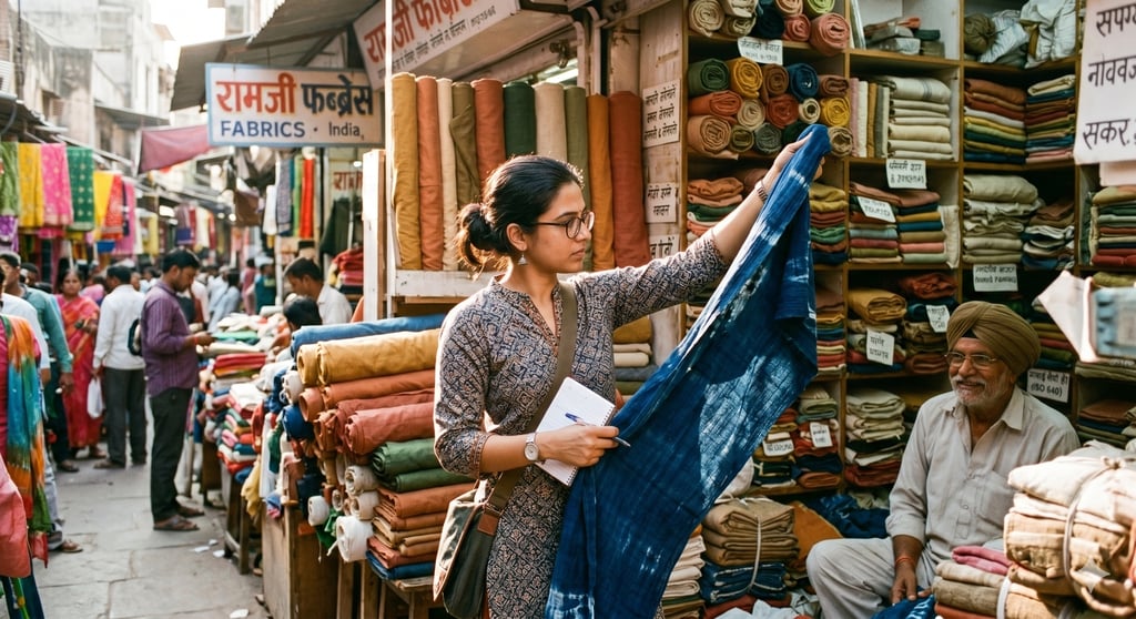 Fabric sourcing India for clothing brand — Jaipur textile market with organic cotton and handloom for private production