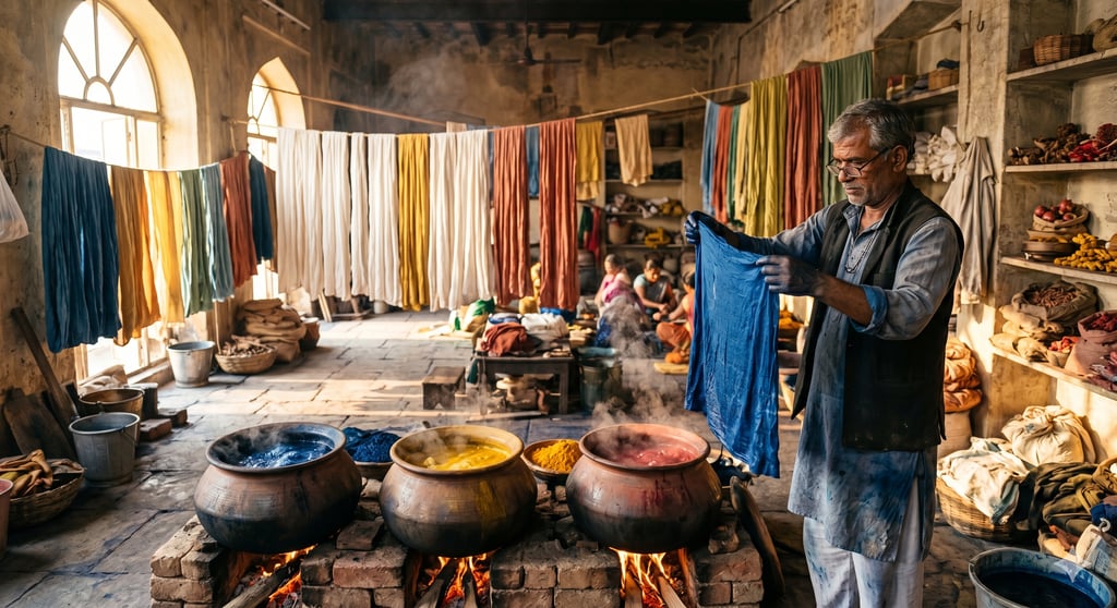 Natural dye clothing manufacturer India — sustainable fabric dyeing with plant-based indigo in Jaipur artisan workshop