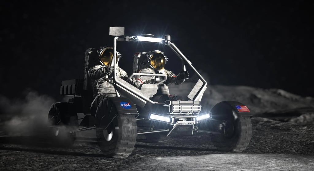 O conceito do artista da próxima geração do Veículo Lunar Terrain da NASA na superfície da Lua.